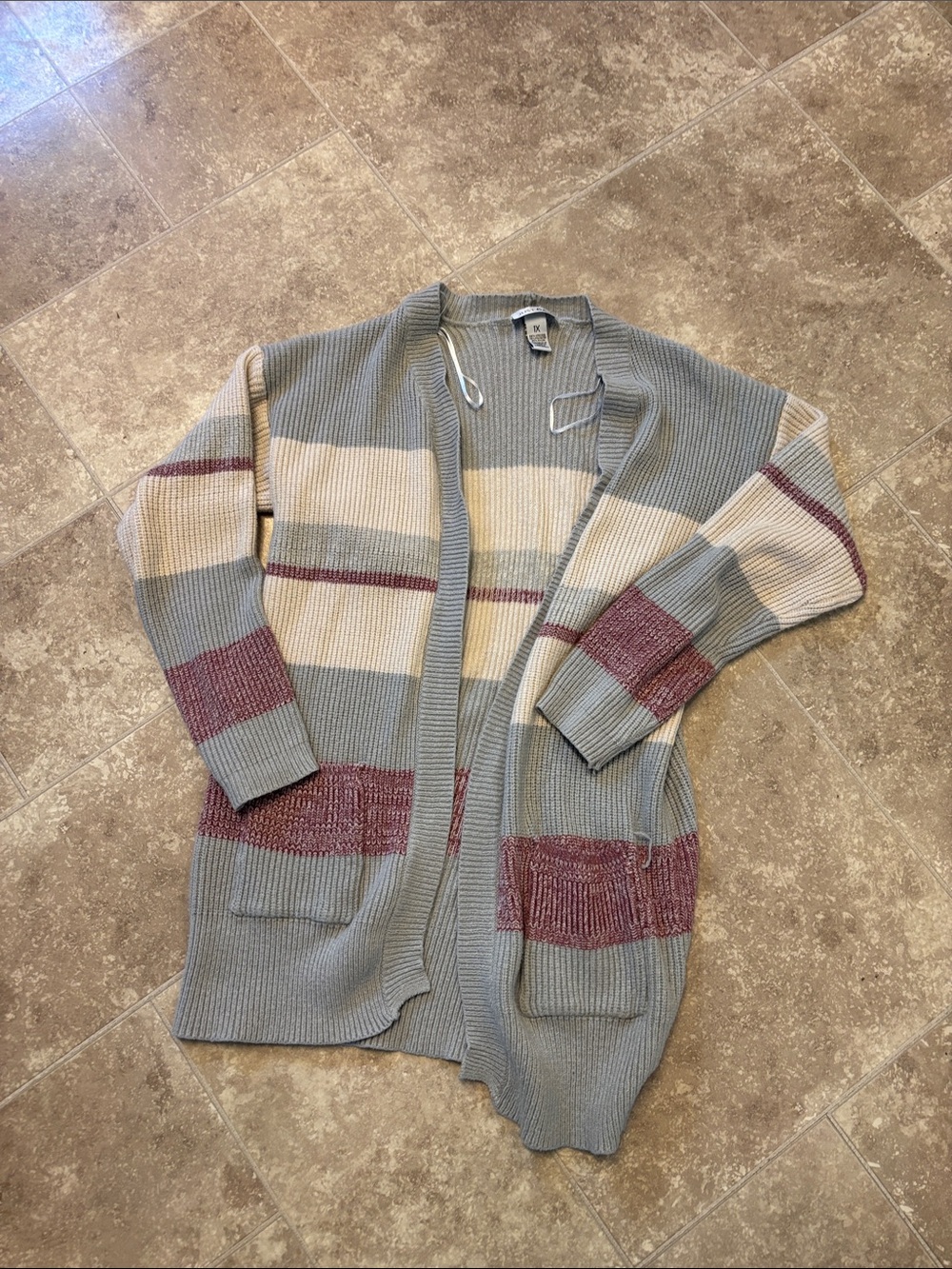 Light Grey & Cream Striped Open-Front Cardigan with Wine Accents
